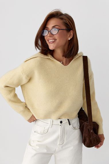 Джемпер у рубчик із відкладним коміром - кремовий цвет, ONE SIZE (є розміри) | Зображення 4