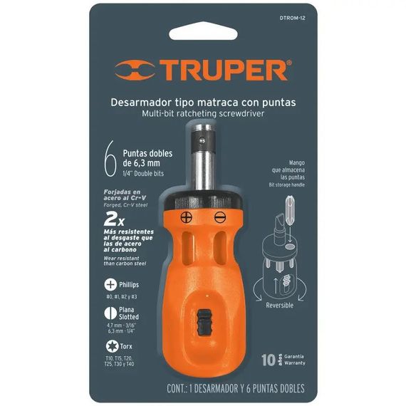 Отвертка реверсивная мини Truper 6 двухсторонних бит в комплекте (DTROM-12B) | Зображення 1