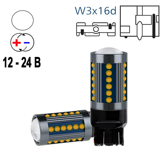 Автолампа светодиодная W21W / 7440, цоколь W3x16d, COB x 36 smd, желтая, линза, 12 - 24 В | Зображення 1