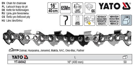 Ланцюг l=16"/ 40 см (66 ланок) для бензопили YT-84900 | Зображення 1