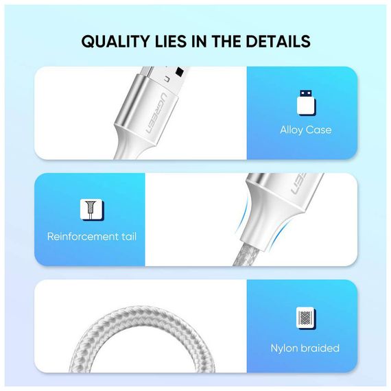 Дата кабель USB 2.0 AM to Type-C 1.5m 3.0A 18W US288 White Ugreen (60132) | Зображення 2