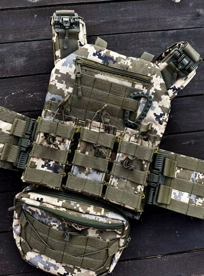 Плитоноска швидкого скидання з боковими карманами + 3 підсумків та напашник піксель | Зображення 2
