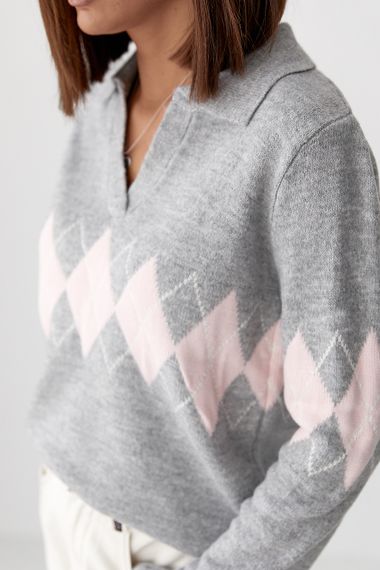 В'язаний светр-поло з ромбами - сірий цвет, ONE SIZE (є розміри) | Зображення 3
