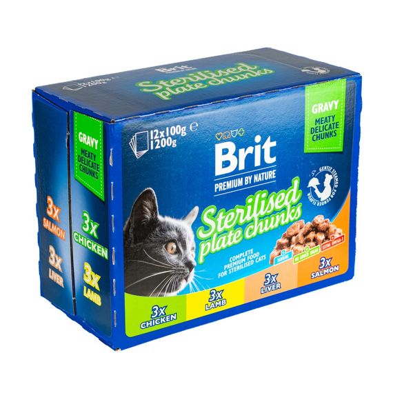 Влажный корм Brit Premium Cat Набор паучей семейная тарелка для стерилизованных кошек, ассорти 4 вкуса, 100 г х 12 шт | Зображення 3