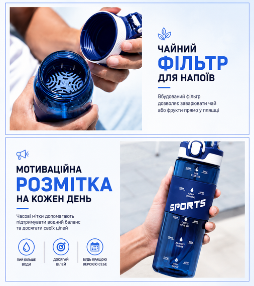 Спортивная бутылка для воды Sport 500 мл (0,5 л) синяя, ударопрочный Тритан (BPA Free), с трубочкой и ручкой | Зображення 7