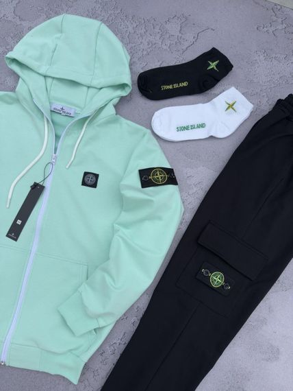 Костюм Stone Island зіп худі м'ята чорні штани + 2 пари шкарпеток у подарунок | Зображення 1