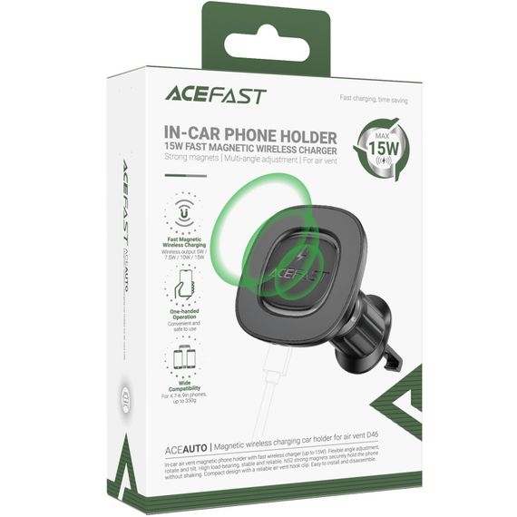 Автодержатель с БЗУ Acefast D46 QI2 Magnetic Charging 15W (air outlet) Black | Зображення 1