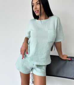 Женский легкий летний костюм шорты и футболка из муслина NA2007 цвет мятный, размер 42/44