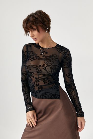 Прозорий лонг у сітку з драпіруванням - чорний цвет, L (є розміри) | Зображення 4