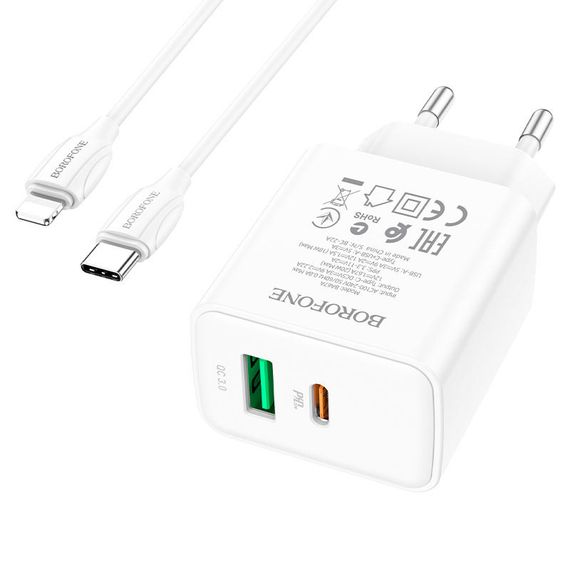 МЗП Borofone BA67A PD20W+QC3.0 (1USB-A/1C) + кабель Type-C to Lightning Білий | Зображення 2