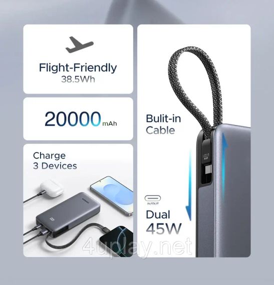 Повербанк UGREEN Nexode Power Bank 20000mAh 45W з вбудованим кабелем | Зображення 6