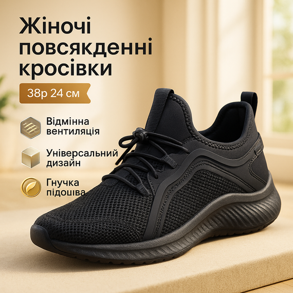 Кросівки жіночі текстильні сітка 38р 24см, Спортивні жіночі кросівки чорні сітчасті DG-38
