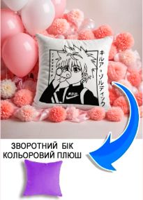 Подушка плюшева Мерч Крафт Дизайн з принтом аніме Killua Zoldyck HunterHunter бузковий плюш квадратна 33х33 см