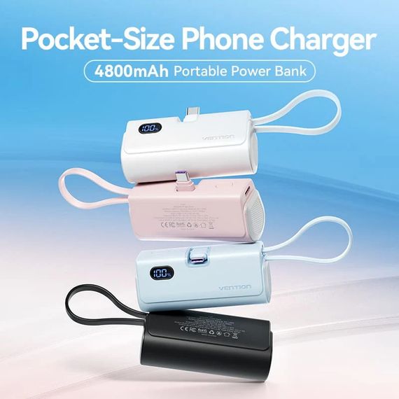 УМБ Vention 4800mAh 22,5W PD, USB-C In/Out, LED display, with built-in USB-C cable Blue