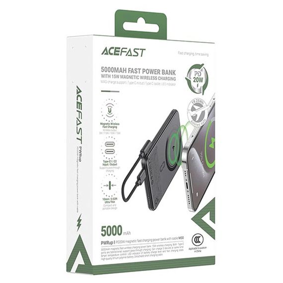 Портативное ЗУ Power Bank Acefast M30 PD20W с БЗУ with cable 5000 mAh Black | Зображення 5