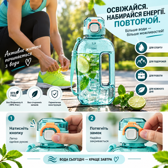 Спортивна пляшка для води ST-YIBEN 750 мл з ремінцем — багаторазова з еко-пластику BPA-free, герметична кришка, бірюзова | Зображення 3