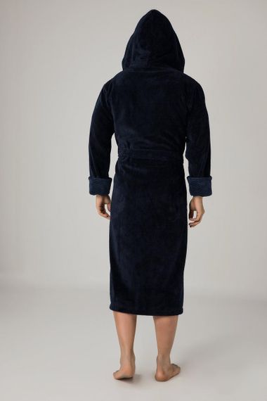 Чоловічий однотонний халат велюровий Nusa 2805 з капюшоном, темно-синій XL | Зображення 1