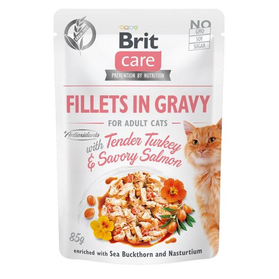 Корм вологий Brit Care Fillets in Gravy Tender Turkey and Savory Salmon д/котів філе в соусі з індичкою та лососем 85 г