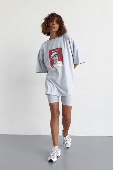 Женский костюм с футболкой oversize и велосипедками - светло-серый цвет, L (есть размеры) | Зображення 5