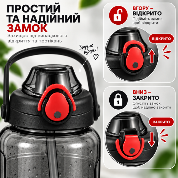 Пластикова спортивна пляшка 2000 мл Keepon з герметичною кришкою та зручною ручкою широким горлом та соломинкою Чорна | Зображення 5