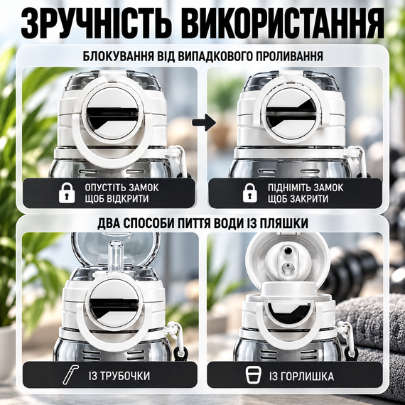 Спортивная эко-бутылка для воды 800 мл (BPA Free) с фильтром, соломинкой и ремешком Белая | Зображення 5
