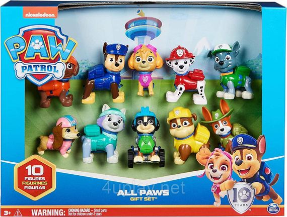 Набір з 10 фігурок Щенячий патруль: Маршал, Кремез, Гончик, Роккі, Зума, Скай, Еверест, Трекер, Ліберті, Рекс. Paw Patrol All Paws