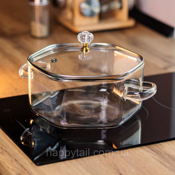 Кастрюля стеклянная шестигранная 2.5 л Diamond Crystal с хрустальной ручкой — прозрачная посуда для плиты HP-34-40 | Зображення 1