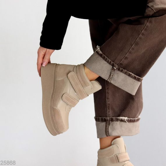 Бежеві зимові черевики снікерси на липучках натуральна шкіра + замша | Зображення 8