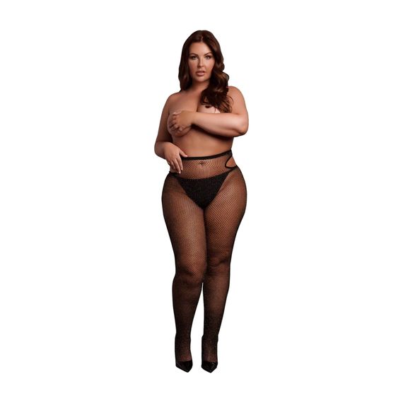 Колготки сітчасті з вирізами Plus Size, чорні із золотим глітером