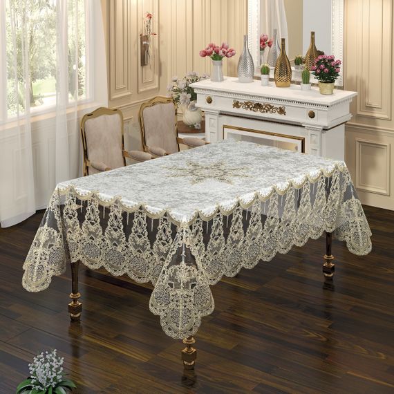 Велюрова скатертина з мереживом Haspen 160×350 см Zelal, кремова