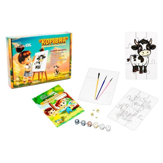 Деревянный пазл-раскраска А5 "Коровка" Puz-22936 кисточка, краски, клейкая пленка | Зображення 1