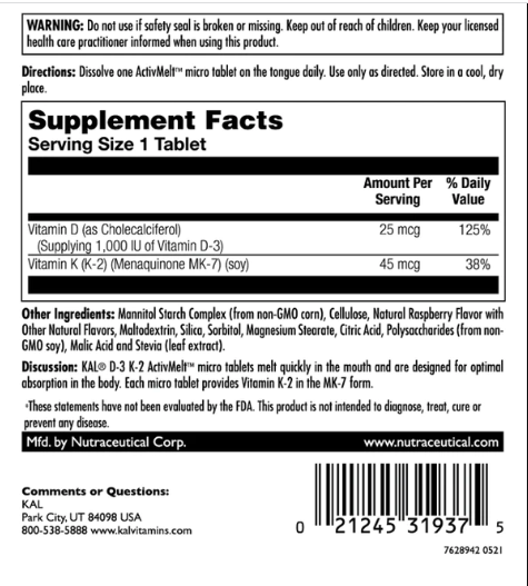 D3 &amp; K2 25mcg - 60 tabs Raspberry | Зображення 1