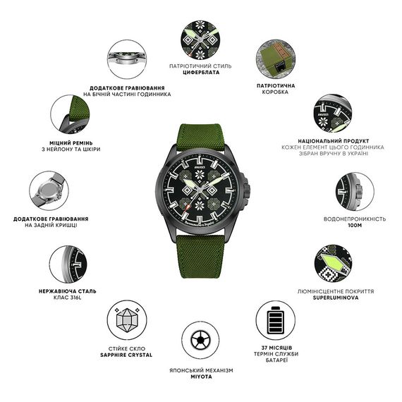 Годинник A2warder Embroidery Silver-Green Khaki Battery 10ATM | Зображення 1