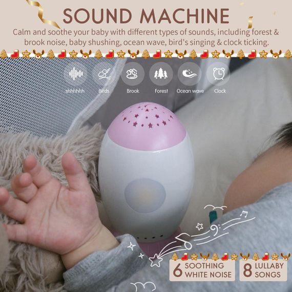 Ночник-проектор для детей с белым и колыбельным шумом, авто-таймер 30/60/90 мин, 8 песен, 6 звуков, розовый | Зображення 3