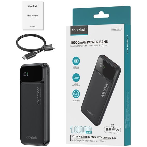 УМБ Choetech 10000mAh 22.5W PD,QC3.0 2USB-A+USB-C Black | Зображення 2