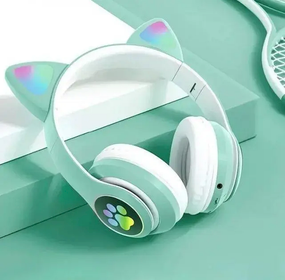 Беспроводные Bluetooth наушники с кошачьими ушками и цветной подсветкой Мятный