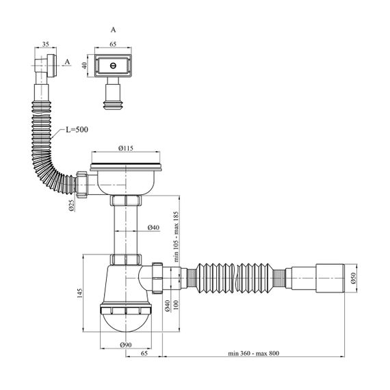 Сифон для кухонної мийки Agua KS02 3 1/2"х40/50 мм з різьбовим випуском, з квадратним переливом | Зображення 1