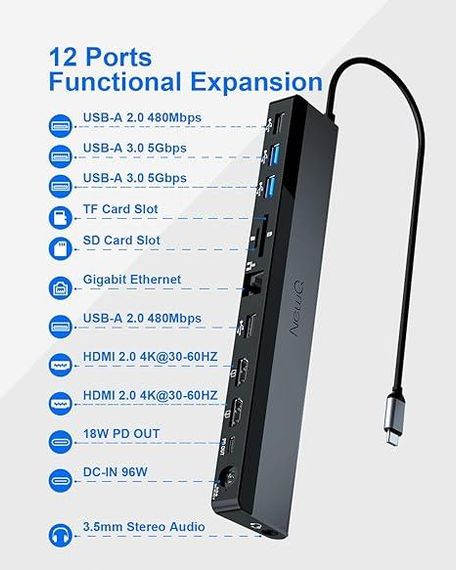 Док-станция NewQ NQ-DK-02 — многофункциональный USB-C хаб 12-в-1 с адаптером питания мощностью 96 Вт | Зображення 4