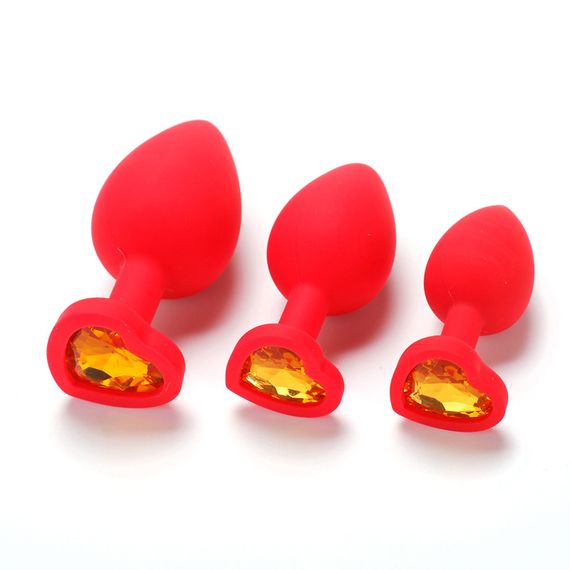 Набор силиконовых анальных пробок красного цвета с кристалами в форме сердечка (размер S,M,L) | Зображення 4