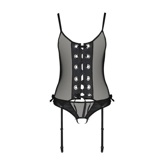 Корсет со шнуровкой Passion NESSY CORSET S/M black, стринги с открытым доступом, пажи для чулок | Зображення 2