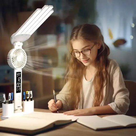 Настільна LED-лампа KRX-1011 з вентилятором, годинником і підставкою | Зображення 1