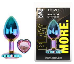Анальна пробка EGZO Multicolor Heart Plug S з рожевим кристалом, райдужний метал Sex Aura