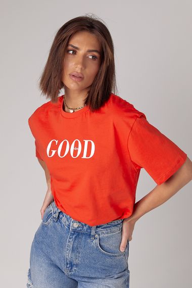 Трикотажна футболка з написом Good vibes - червоний цвет, L (є розміри) | Зображення 4