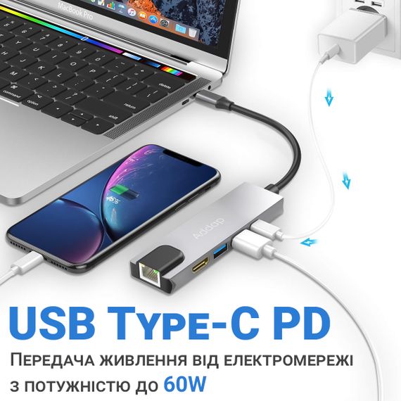 Многофункциональный USB Type-C хаб / разветвитель Addap MH-09s, концентратор 5в1: 2 x USB 3,0 + Type-C + HDMI + Ethernet Gigabit (0063) | Зображення 7