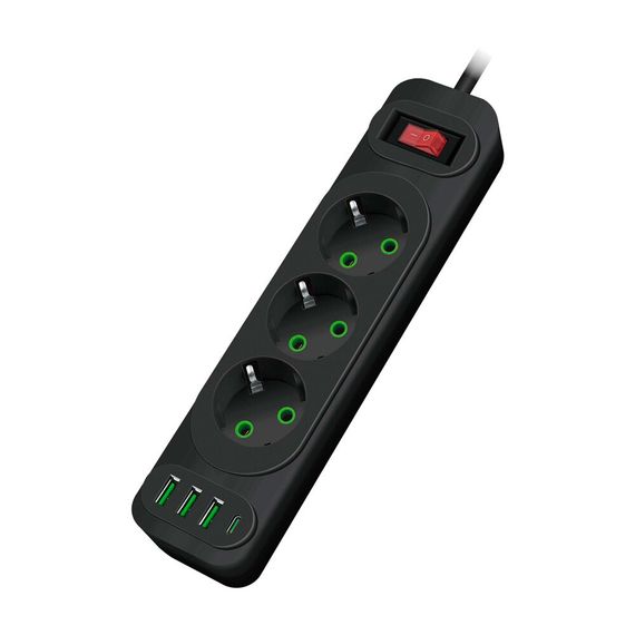 Мережевий фільтр F23U, 3 розетки EU +3 USB + PD, кнопка включення з індикатором, 2 м, 3х0,75мм, 2500W, Black, Box