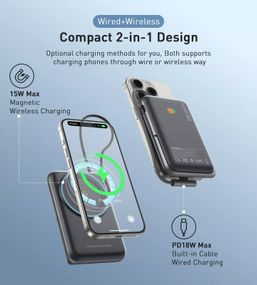 УМБ Choetech Magnetic Wireless 10000mAh 20W PD USB-C In/Out,Qi-15W,build-in cabel  Black