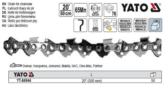 Ланцюг для бензопили l=20"/50 см 76 ланок YATO YT-84944 | Зображення 1