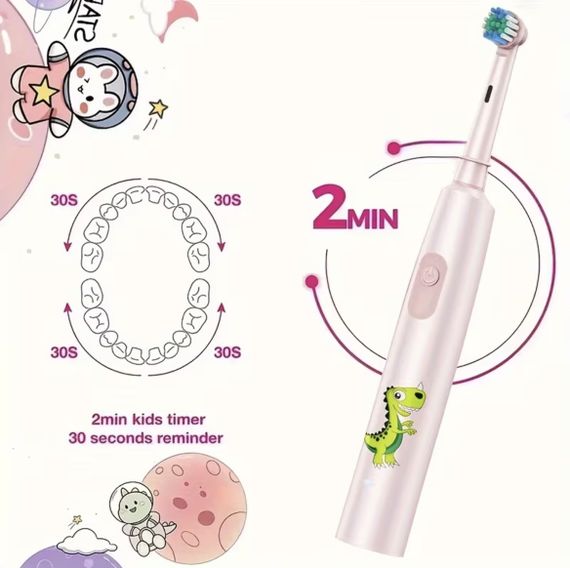 Дитяча електрична зубна щітка з 4 насадками, 3 режимами, Type-C зарядкою (водонепроникна). Рожева | Зображення 3