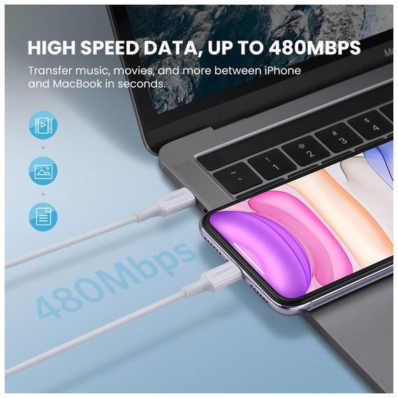Дата кабель USB-C to Lightning 2.0m US1713A Nickel Plating ABS Shell White Ugreen (60749) | Зображення 2
