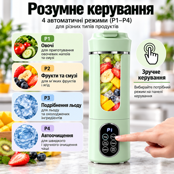 Портативный блендер-шейкер HS-889 530 мл, 12 лезвий SUS304, аккумулятор 1300 мАч, USB Type-C, для смузи и коктейлей, зеленый | Зображення 5